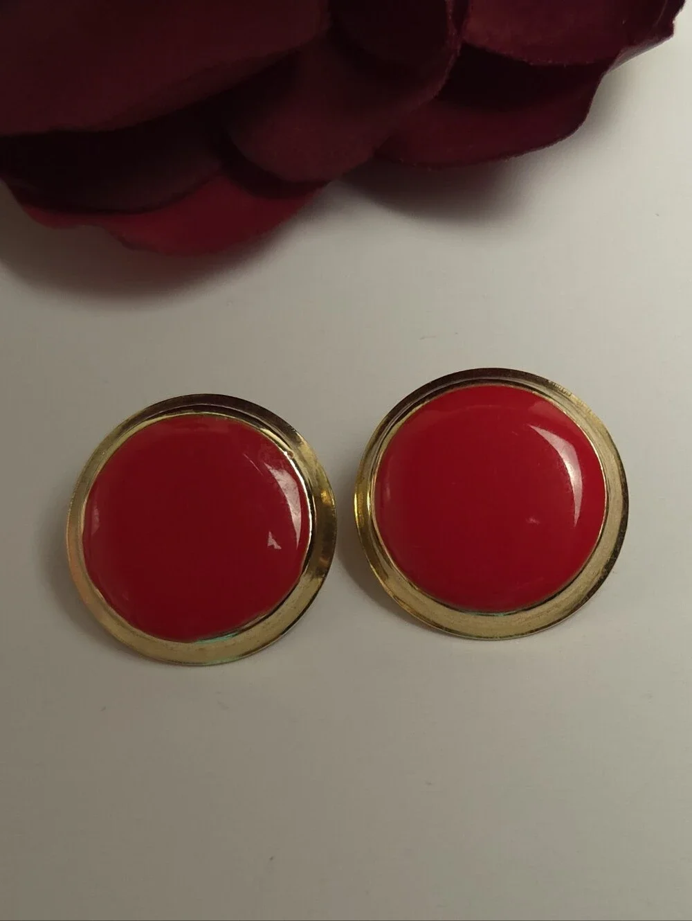2 Vintage Lipstick Red & Gold Plated Clip on Earrings Circle & Small Hexagon